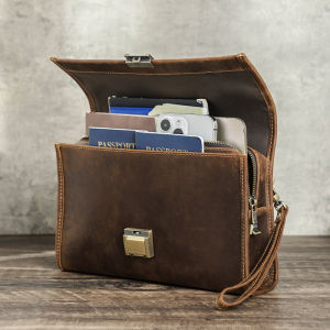 Hiram Genuine Leather Clutch Wallets for Men Vintage Clutch Bags Password Lock Design Wrist Strap Large Wallets Phone Pocket for 8.3 iPad Mini