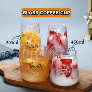 C.N. 450ml 500ml Glass Coffee Cup Tea Milk Yogurt Mug Creative Transparent Letter Pattern Drinkware