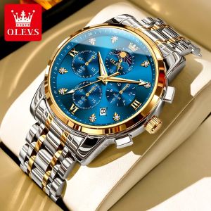 OLEVS jam tangan lelaki fashion business luxury diamond waterproof luminous calendar multi-function timing sun and moon phase dial high quality stainless steel quartz watch men