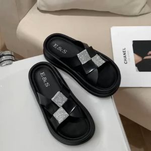 +1Size Women Slipper with Glitter Beads inlaid Wedge Braided Strap for Women 8688-2