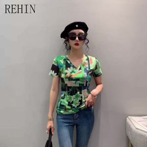 REHIN Áo Thun Nữ Ngắn Tay In Họa Tiết Lưới Thời Trang Mới Mùa Hè Cổ Chữ V Mỏng Áo Blouse Thanh Lịch