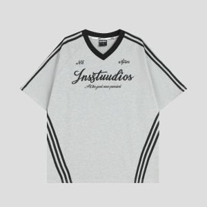 Couple Fashion Stripe Patchwork V-Neck Short Sleeve Loose T-Shirt
