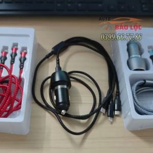 Tẩu sạc nhanh QC 4.0 Pugan 10A 50W 12-24V 2 cổng USB dây 3 đầu sạc Dùng cho mọi loại xe con xe tải