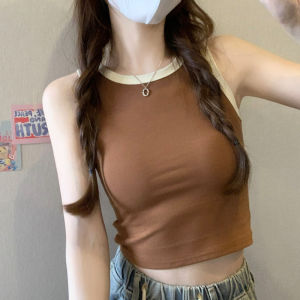 American Retro Brown Sleeveless Vest Womens Small Summer New Arrival K-style Silm High Waist Sleeveless T-Shirt Womens Short