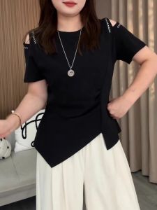 plus Size Womens T-Shirt Shoulder Bared Short Sleeve Asymmetrical Hemline Summer Fashionable Versatile Meat Concealing Slimming Top
