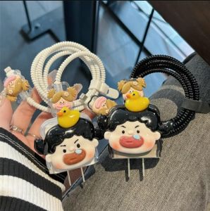 Funny Girl Double braids big mouth Charger Protector for iPhone Charger 18/20W USB C Casing for Charger Plug USB Cable Spring Line Wrap Protector Data Line Cord Organize Winding Wire Tie Soft TPU Cover for Android Type-C