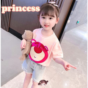 [PRINCESS KESLI] 1-9 Tahun Atasan Kaos Lotso Anak Perempuan Salur Bear Bordir T-shirt Kartun Kasual Leher Bulat Tees Fashion Bayi