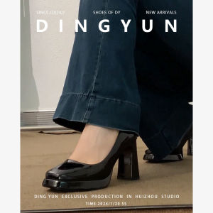 Black Leather High Heels Dingyun Womens Shoes Square Head Thick Heel 8cm Waterproof Platform Commute Professional Shoes