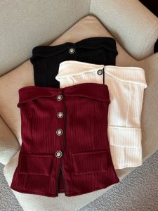 GUZILIAN | Spicy Girl Strapless Vest Womens Autumn Winter Knitted Tight Fit Base Layer Outerwear French Vintage Red Elegance Top