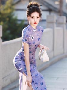 Elegant Purple Silk Linen Daisy Aurora Short Sleeve Qipao Dress for Women New Chinese Style Summer Dress Ladylike Graceful