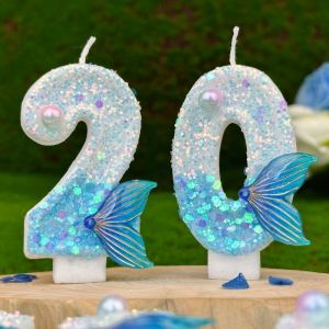 Cartoon Mermaid Gradient Blue Birthday Candles Childrens Girls First Year Party Scene Decoration Items Digital Candles