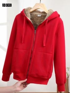 เสื้อสเวตเตอร์มีฮู้ดแบบหนาและมีขนแกะสำหรับผู้หญิงในฤดูใบไม้ร่วงและฤดูหนาวปี 2024 เสื้อคลุมคาร์ดิแกนแบบมีซิปแบบสวมหัวแบบลำลองคอตตอนเต็มตัว