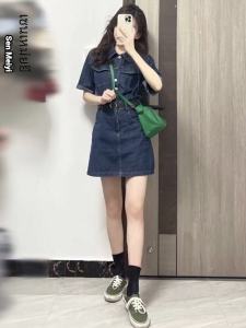 Fashionable Lightweight Denim Dress for Women with POLO Collar High Waist A-Line Skirt Short Sleeves Spring Cotton 100%