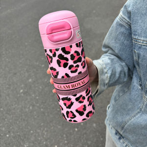 Cốc Cách Nhiệt Hình Da Báo Có Thìa Dễ Thương Di Động Bằng Thép Không Gỉ Cho Nữ Cốc Nước Học Sinh Cao Cấp