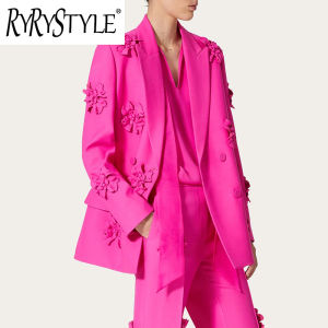 RYRYSTYLE ชุดลำลองแฟชั่นของผู้หญิงสีแดงกุหลาบใหม่2023สูทกระดุมสองแถว + กางเกงเอวสูงระฆัง