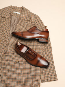 Business Formal Oxford Mens Shoes Leather Lace-Up Brogue Design Brown Color Youth Fashion Low Heel Breathable Business Shoes