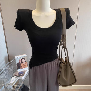 LUOFEN | Slim Fit Short Sleeve T-shirt Irregular Hem Yellow