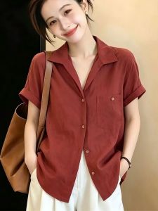 AIYITI | Elegant French Style Short Sleeve Blouse for Curvy Women Red Summer