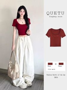 เสื้อยืดแขนสั้นทรงเข้ารูปสไตล์อเมริกัน สำหรับผู้หญิง ฤดูร้อน เสื้อผ้าทำงานสไตล์เกาหลี สีสันสดใส เสื้อผ้าทำงานลำลอง