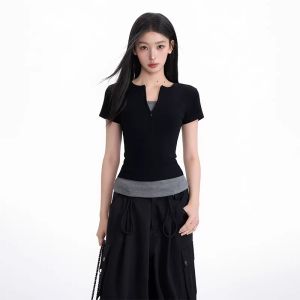 BAIDAIFEI | Black Faux Two-piece Straight Shoulder Short Sleeve Summer Slim Fit American Style Half Zip V-neck Blouse
