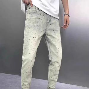 High-End Retro Washed Mens Slim Fit Jeans Fashionable American Casual Rhinestone Long Pants Youth Summer Wear Resistant