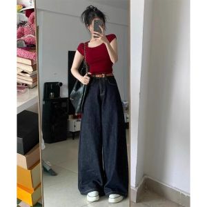 Tall Long Dark Blue Wide Leg Denim Female Fall and Winter High Waist Loose Drooping Lazy and Loose Straight Mopping Pants