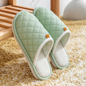 Anti-Slip Cotton Slippers for Men And Women Home Use Indoor Slippers Linen Four Seasons Soft Bottom Farmhouse Style Checkered
