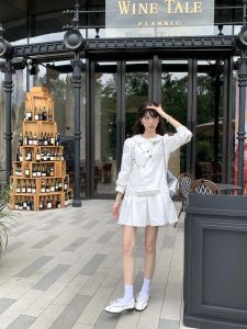 Váy Sơ Mi Cotton Trắng Tay Giữa Thanh Lịch Dễ Thương Của Goldie Pure Cotton Cho Nữ Mùa Hè 2024 Váy Chữ a Cổ Polo Tay Dài