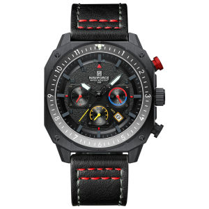 NAVIFORCE 8057 Fashion Leisure Sport Waterproof Men Quartz Writswatch Date Luminous Pointer Leather Strap Zinc Alloy Case Round Dial Design Man Chronograph