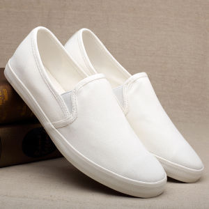 White Canvas Slip-On Mens Shoes Comfortable Flat Bottom Casual Loafers Lightweight Low Cut Rubber Outsole Youth And Middle Age Suitable