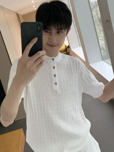 Knitted Solid Color Button up Polo Shirt Short Sleeve Men Summer High End Feel Cleanfit Henry Collar Design Fashionable T-Shirt