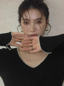 Womens Knitted Low Neck Base Shirt Slim Fit Heavy Embellished Diamond Sweater Top Korean Style Commute Fashion Autumn Winter