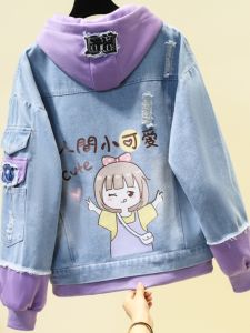 Spring 2025 Womens Loose Fit Casual Fashionable Denim Jacket Korean Style Student Top Cotton Long Sleeve Hooded Coat