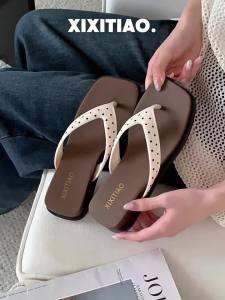 XIXITIAO | Slip-resistant Thick Sole High-class Polka Dot Square Toe Flip Flop