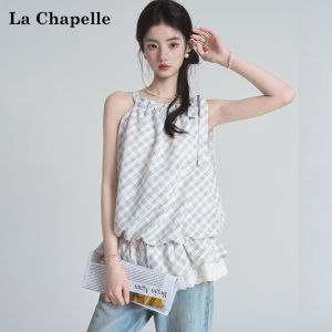 La Chapelle | Sleeveless Lace Patchwork Ruffle Hem Plaid Halter Dress Summer