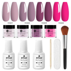 10PCS/Set Dip Nails Powder Kit 10ml Nude PInk Red Chrome Nail Powder with Base Top Coat Activator Nail Brush for French Nail