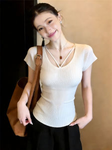 Korean Style Solid Color Versatile Slimming V-Neck Waist-Cinching Knit Top