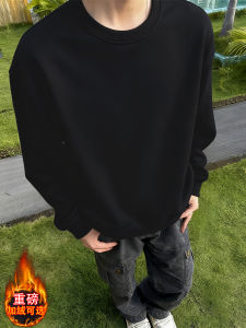 เสื้อยืดคอกลมแขนยาวบุขนแกะสีดำ ทรงหลวม สำหรับผู้ชาย ฤดูใบไม้ร่วง/ฤดูหนาว เสื้อชั้นใน Cleanfit สไตล์อเมริกัน