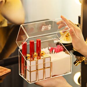 Multi-Functional Cosmetic Cotton Swab Storage Box Lipstick Organizer Transparent Dustproof Cover Household Makeup Remover Holder