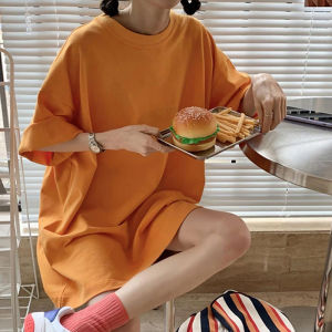 Orange Short Sleeve Womens T-shirt Pure Cotton Loose Fit Spring Summer New Style Korean Simple Design Mid-Length Body Tee