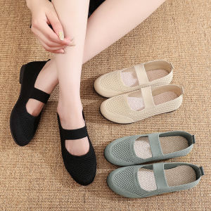 Beijing Style Breathable Casual Womens Fabric Shoes Fashionable Fly Knit Mesh Slip-On Soft Bottom Mom Shoes Comfortable Flat Heel