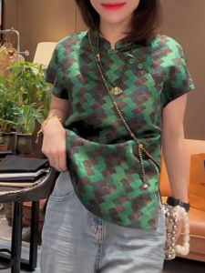 Shalldoer | New Chinese Retro National Style Stand Collar Button Shirt Womens Summer Fashionable Luxury Sense Top Casual Style Short Sleeve Print Pattern