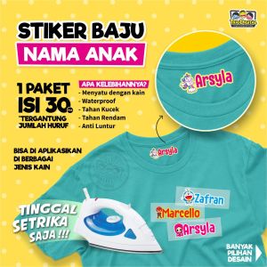 Sticker Label Nama Kain Baju Kaos Sablon Setrika Sticker Iron Custom Tulisan (Per Pack isi 33pcs)
