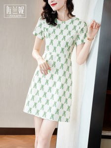 Fresh Floral Print A-Line Dress Womens Slimming Summer New Style Sweet Gentle Style Midi Skirt Polyester Material Commute