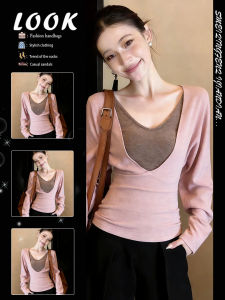 V-neck Waist Cinching Faux Two-piece Long Sleeve Spring T-shirt