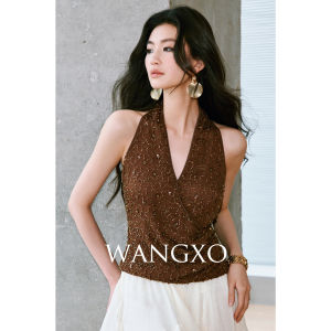 WANGXO | Áo Dạ Hội V-Neck Chiffon Đính Đá Nếp Nhăn Tinh Xảo