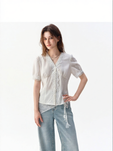 DUSHU | Custom French Lace Hem V-neck Copper Ammonium Silk Top for Autumn