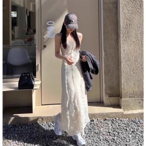 ชุดเดรสยาวแขนกุดลายดอกไม้สีขาวสไตล์ฝรั่งเศส ชุดทำงานฤดูใบไม้ร่วงสำหรับผู้หญิง ชุดเดรสยาวเอวสูง ชุดทำงานสไตล์เกาหลี