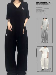Hip Hop Trendy Jazz Jazz Dancing Pants Female Jogger Pants Drawstring Letter Print Lazy Sports Hiphop Suit