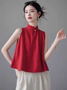 New 2025 Summer Chinese Style Loose Fit Sleeveless Vest Stand Collar Outerwear Red Top Slimming High-End Feelings Womens Tank Top